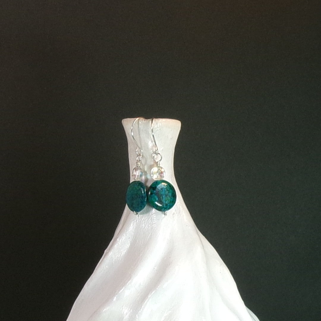 Chrysocolla/Vintage Swarovski Crystal Argentium Sterling Silver Earrings