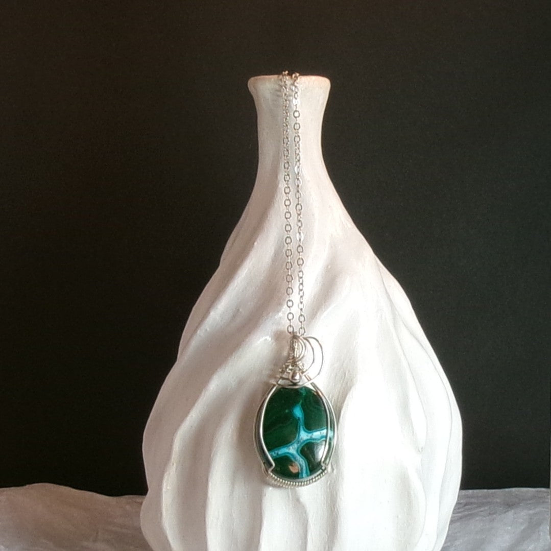 Malachite/Chrysocolla (Long) Argentium Sterling Silver Necklace